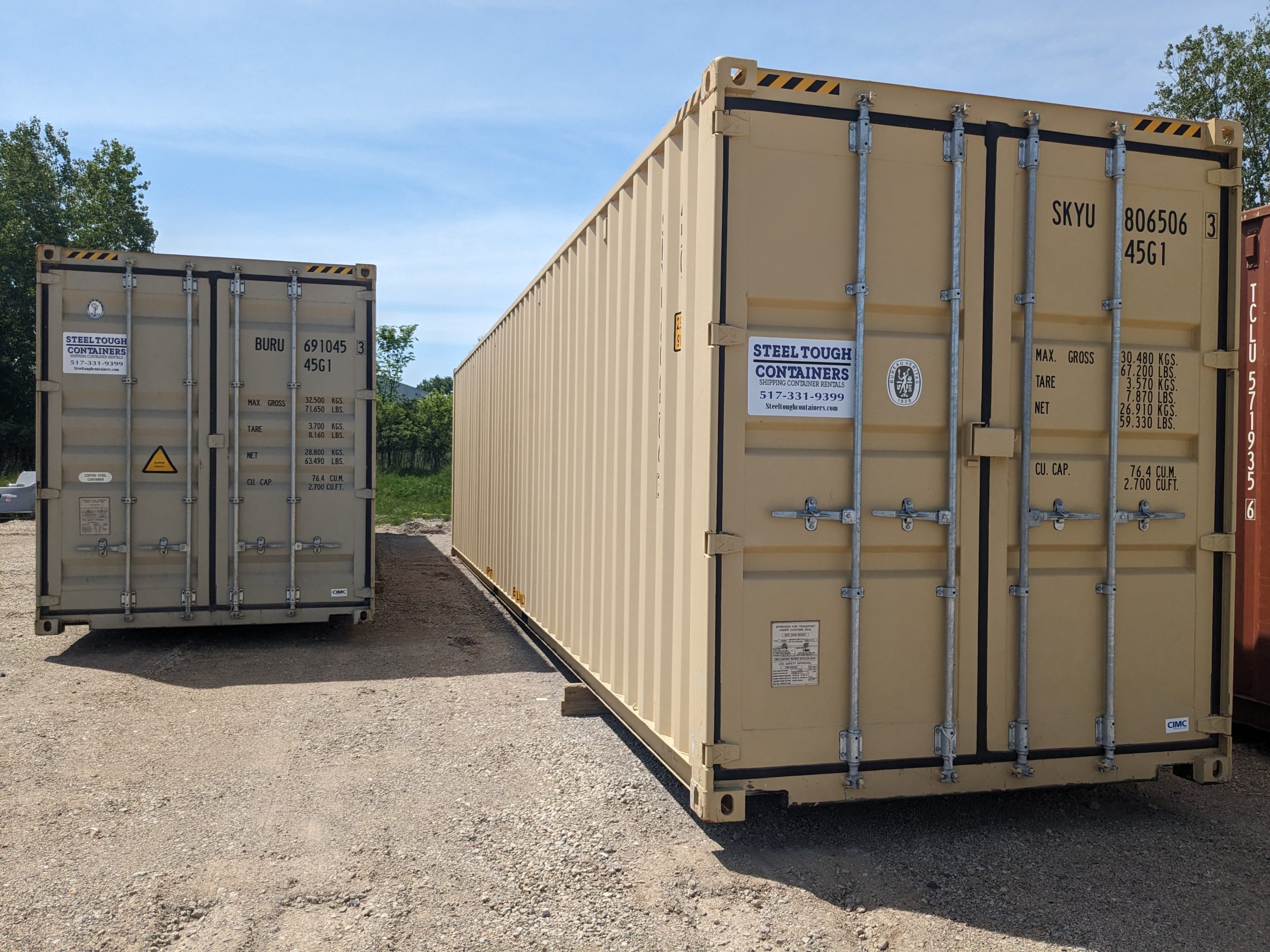 40‑Ft weatherproof steel storage container placed on Michigan site. Lockable and secure. Call (517) 331-9399 for fast de