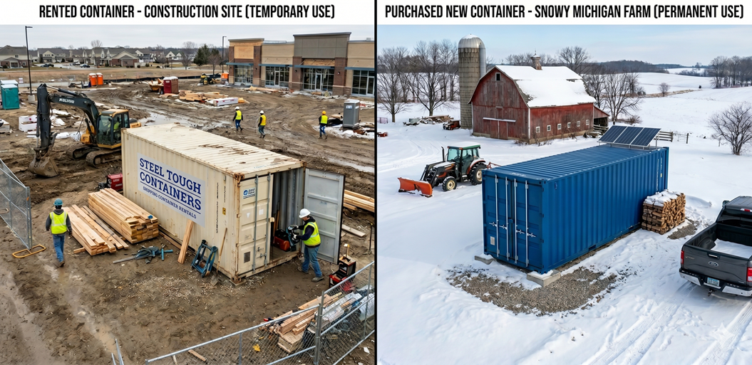 Side-by-side comparison: rented shipping container on a temporary construction site versus a purchased shipping container on a snowy Michigan farm property.