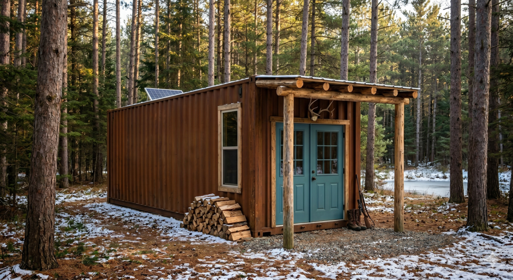 A beautiful outdoor photo of a shipping container modified into a rustic hunting cabin, surrounded by a natural Michigan environment of pine trees.